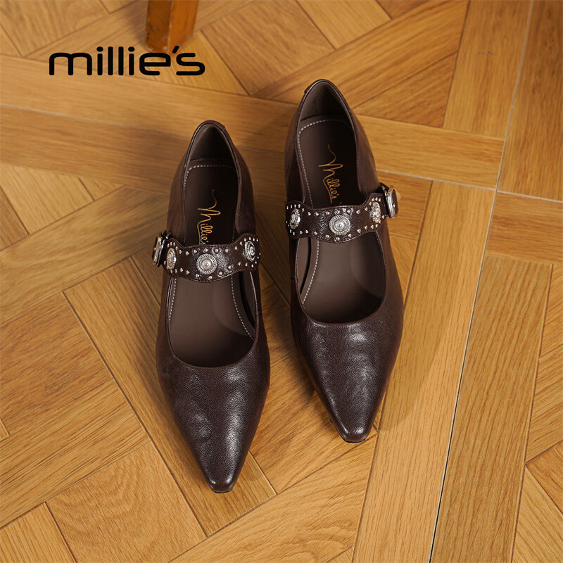 妙丽玛丽珍鞋女低跟真皮浅口时尚潮流气质2025冬季新款百搭小皮鞋 棕色 36 (230mm) 标准码