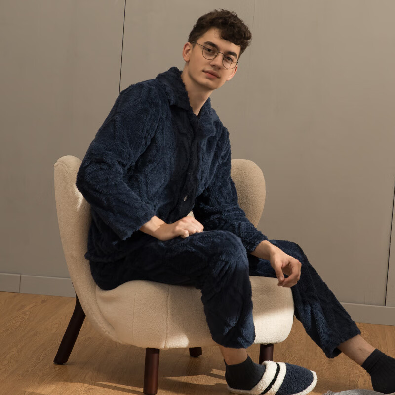 芬腾男士睡衣珊瑚绒家居服套装秋冬保暖 M98241404-宝兰 XL