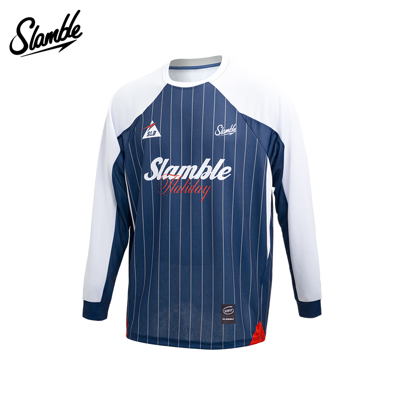 SLAMBLE男生运动长袖T恤撞色拼接插肩袖健身训练美式球衣投篮服 白色拼藏青 L