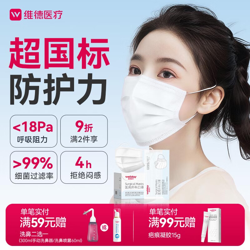 维德（WELLDAY）一次性医用外科口罩50只独立装白色防沙尘保暖防鼻炎过敏灭菌级