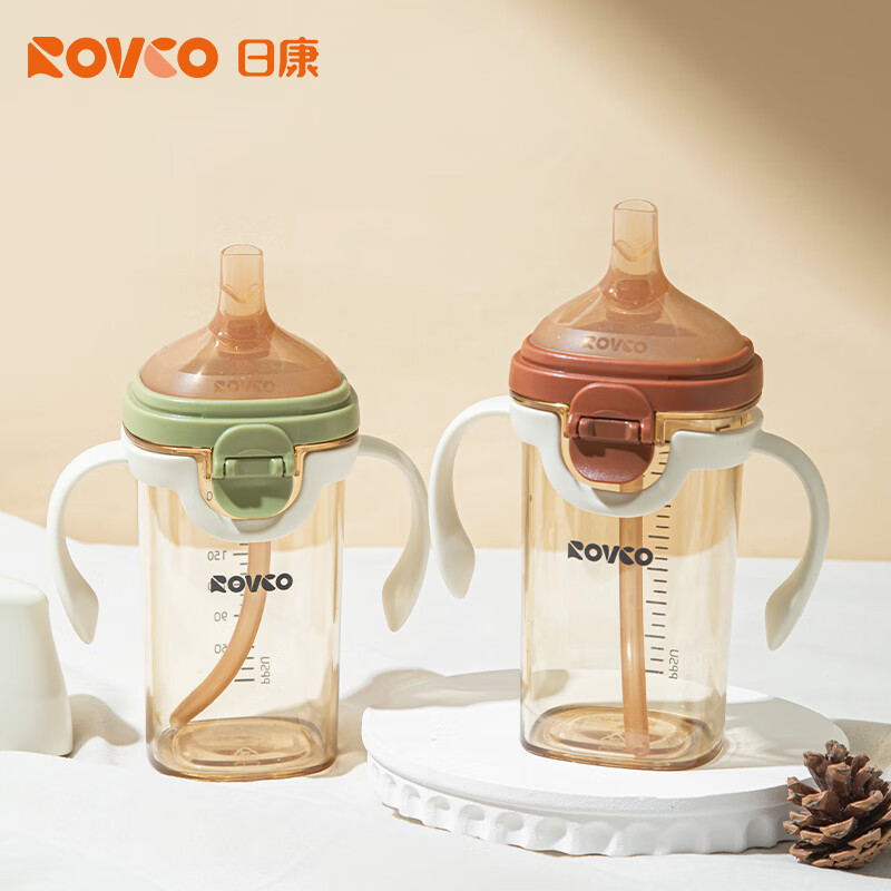 日康（rikang）吸管奶瓶 婴儿握把PPSU奶瓶 宝宝奶瓶宽口径重力球 【6-9月/橄榄绿】240ML 偏心吸嘴P1002