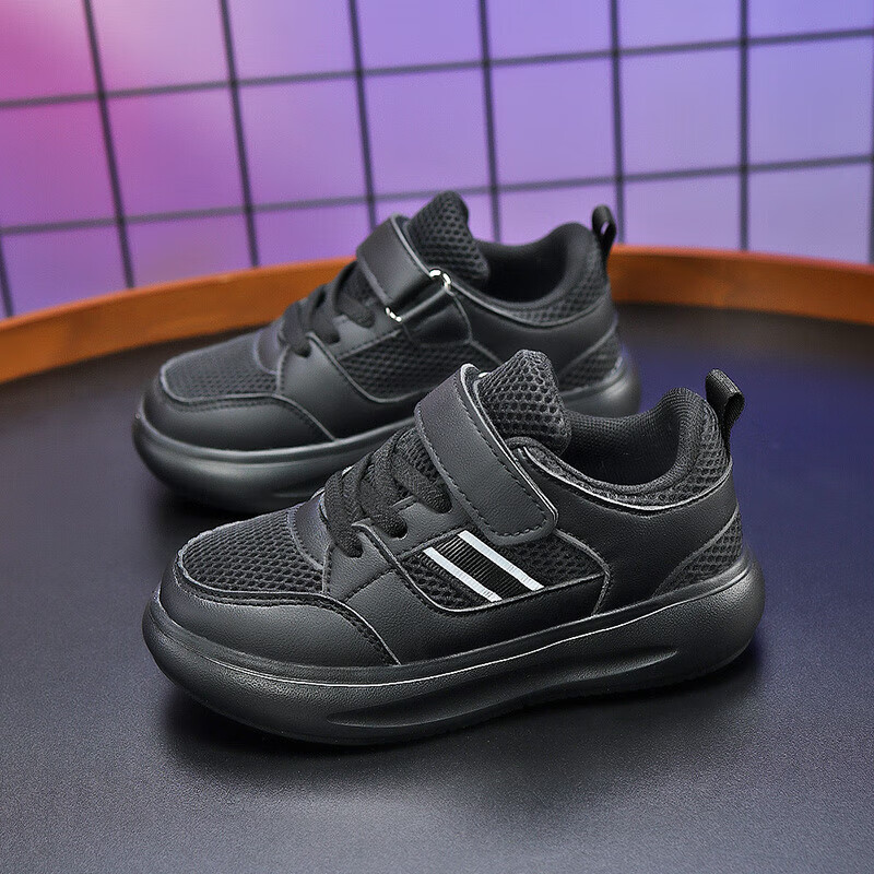 贝天熊男女童鞋儿童运动鞋女童小白鞋春秋季新款男童软底透气板鞋学生鞋 886黑色【四季双网】 29 内长18.4/脚17.4