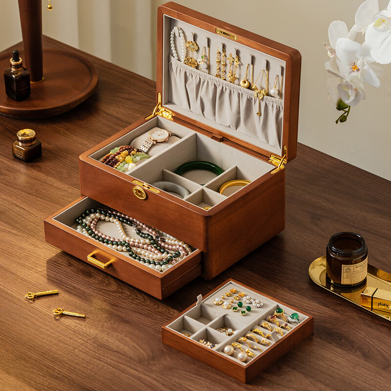 木雅軒實木首飾盒精致帶鎖黃金手飾品項鏈?zhǔn)占{盒520新婚女生生日禮物 單抽款-三層-帶鎖