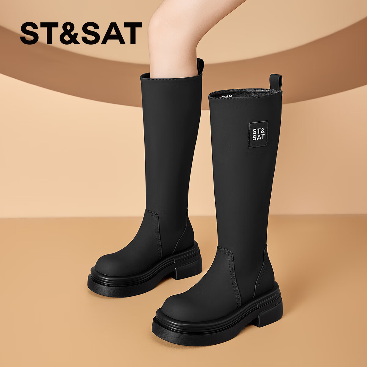 星期六（St&Sat）女2025春秋新款复古英伦风高颜值骑士靴 黑色 35