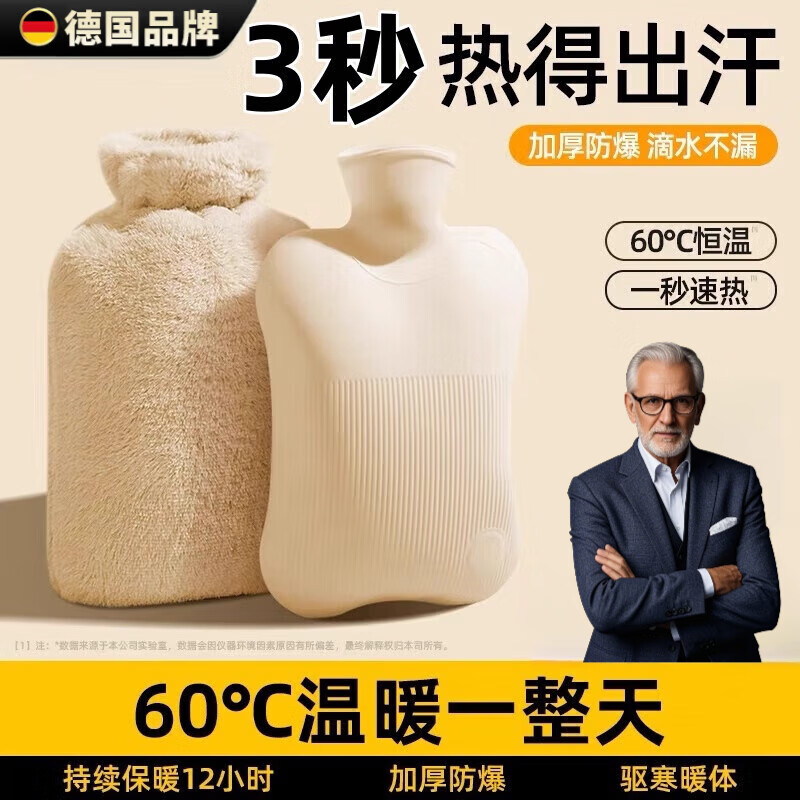 WCZ德国新款热水袋注水暖水袋女暖脚腰敷肚子灌硅胶暖手宝毛绒 暮色粉家用款1000毫升装 【加厚内胆】可拆洗兔绒超柔