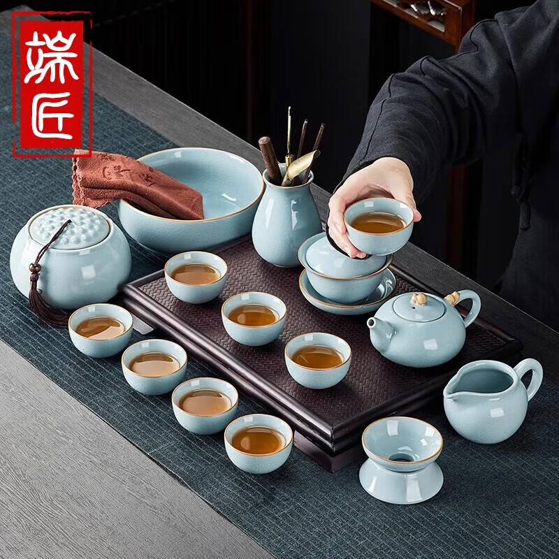 端匠汝窑茶具整套装功夫泡煮陶瓷高壶杯器办公家用道盖碗手工送礼盒档 汝窑商用送礼【豪华套装】 15件