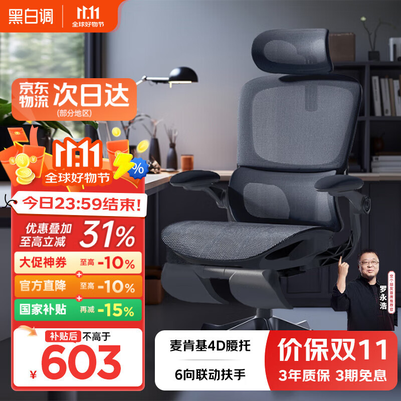 黑白调P2 Pro人体工学椅电脑椅办公椅人工力学座椅宿舍学习电竞椅子久坐