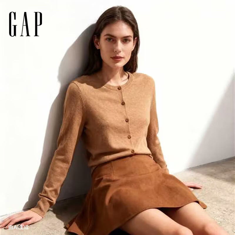 盖璞（GAP）女装春款纯棉圆领针织衫基础款开衫毛衣美版443176 浅咖色 XS 美码  S亚洲码165/84A