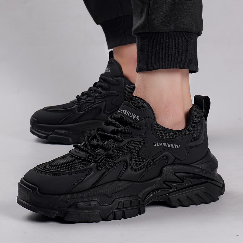 罗宾赐轻奢男鞋2025秋冬新款透气网面运动休闲鞋子男士软底增高老爹鞋男 黑色【加绒保暖】-高端男鞋 43