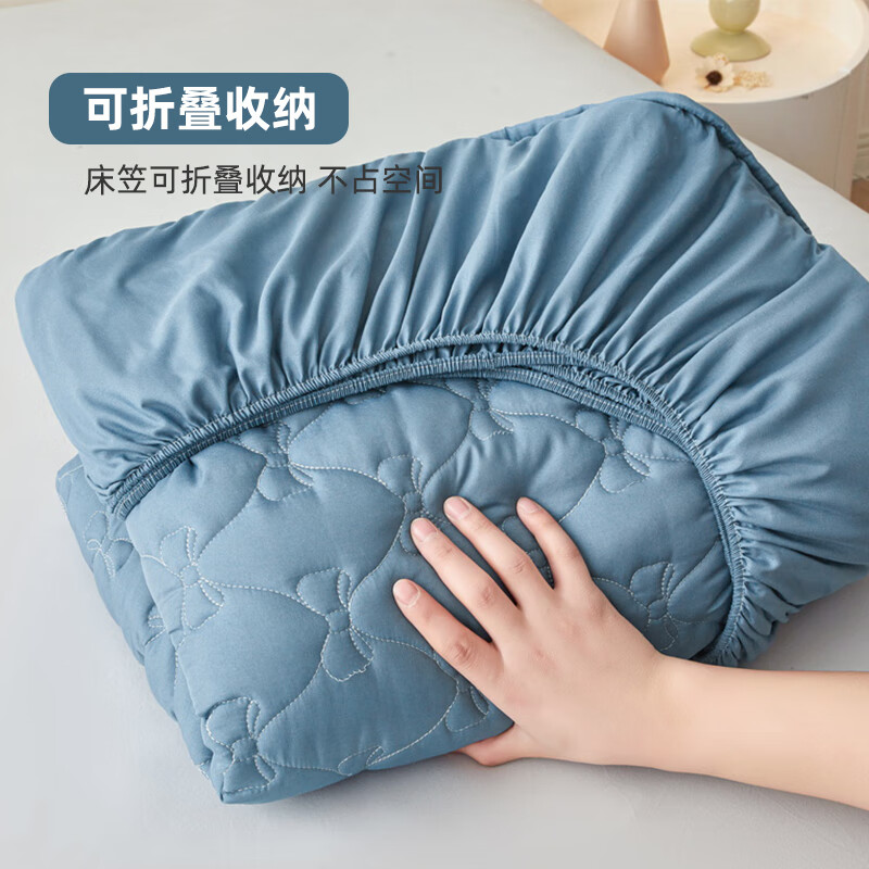 雅鹿加厚夹棉床笠防尘绗缝床罩三件套隔脏床盖床垫保护套床上用品 蝴蝶结床笠-宾利蓝【蓬松柔软 四季通用】 180*200cm单床笠