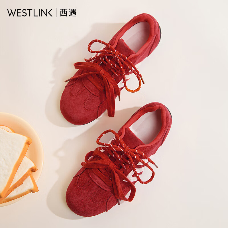 西遇（Westlink）德训鞋女2026新款秋季双鞋带豹纹休闲红色平底运动鞋 酒红色 预售15天 38 (240)