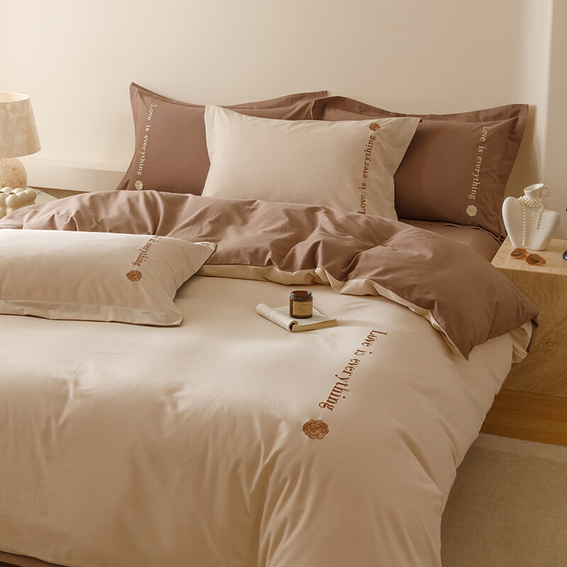 VJE高级感全棉磨毛四件套A类长绒棉加厚纯棉床单被套三件套床上用品 爱永恒-可可奶 三件套1.2m 床单款 -被套150*200cm