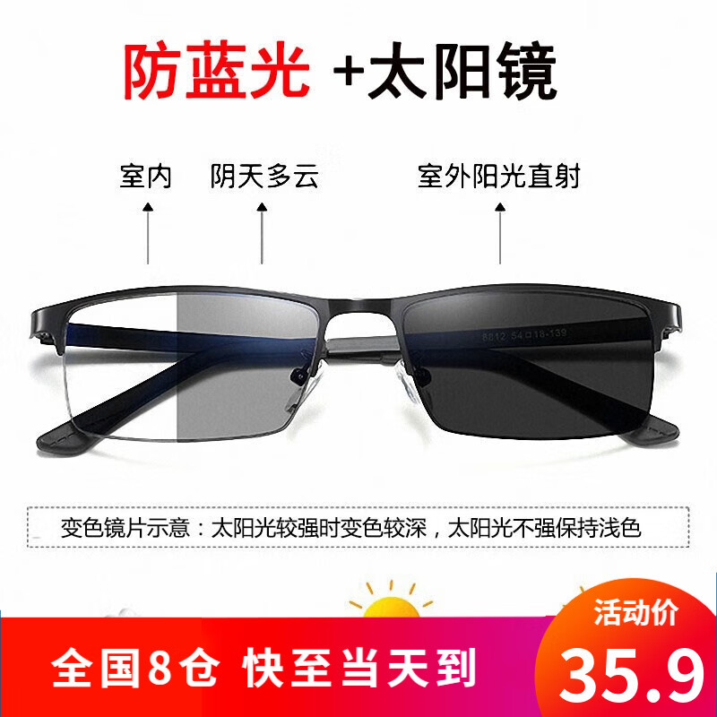 代利斯智能感光变色眼镜防蓝光辐射玩手机看电脑专用护眼平光眼镜男女 防蓝光变色款
