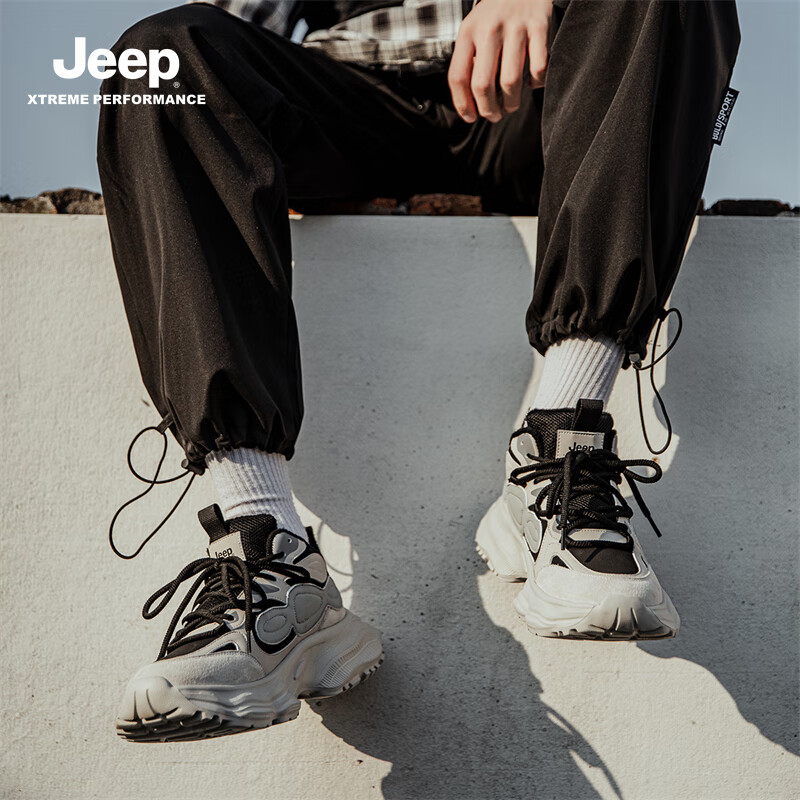 JEEP吉普户外老爹鞋子男款休闲轻便时尚运动鞋男透气徒步鞋耐磨登山鞋 白黑(棉) 44
