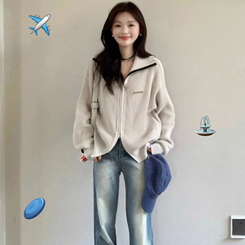 相伊恋人针织衫女秋冬2025新款开衫外套可外穿宽松显瘦拉链毛衣小香风上衣 米灰色【韩系复古抗起球】 均码 【适合80-140斤】