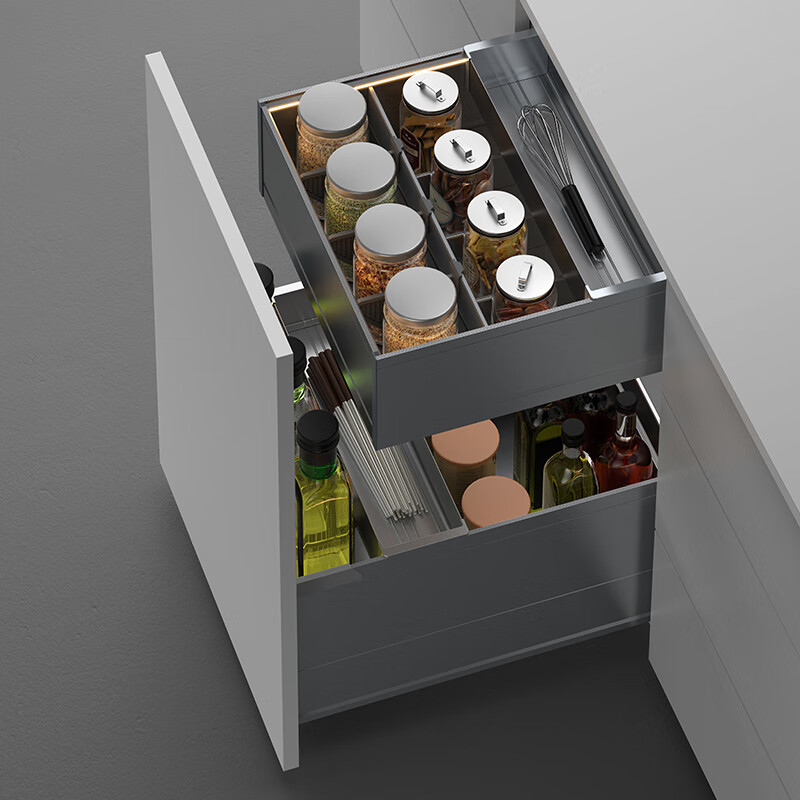 德米莫拉篮德米莫厨房调味双层拉篮抽屉式极薄太空铝碗柜百隆轨道带灯带 双层A款300柜 极薄太空铝+氛围灯+【进口百隆轨道】