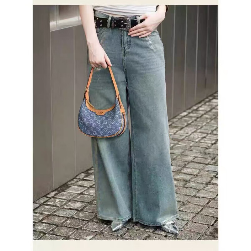 CASSILE卡思樂同款丹寧牛仔小松濤hobo托特包新款感皺褶單肩包斜挎包 海藍配蜜蠟