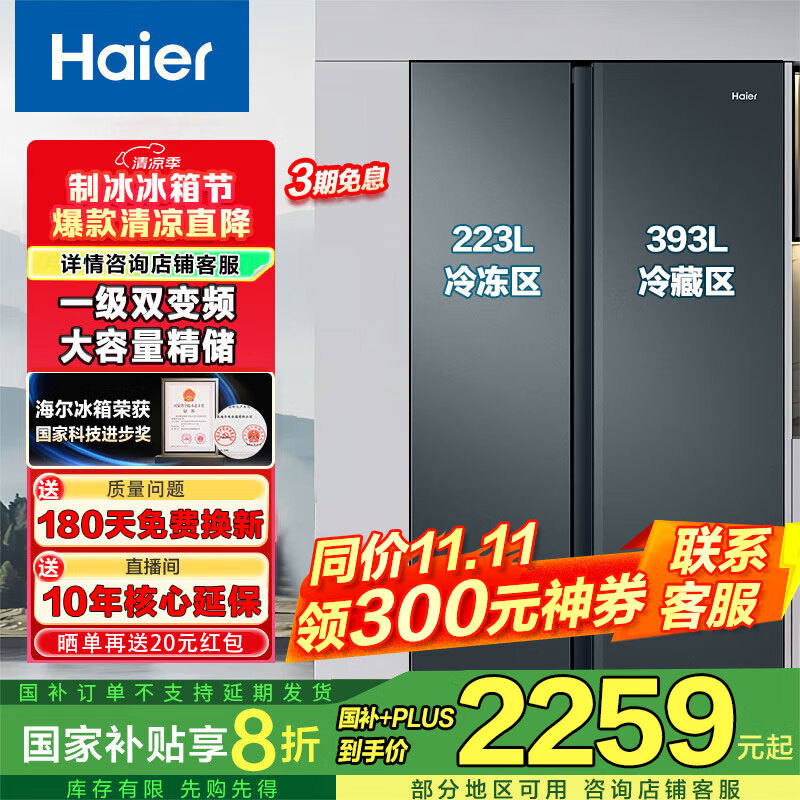 海尔（Haier）冰箱双开门 家用一级能效616升变频风冷无霜大容量 对开门二门超薄电冰箱国家补贴20%家电以旧换新 黑金净化|精控多路送风616WGHSSEDC9