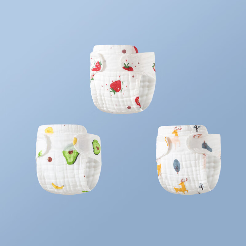 AILUKI纯棉纱布尿布一体式尿布可水洗透气尿戒子婴儿宝宝专用四季款尿布 S码【推荐10斤以下】0-3个月 纯棉T型一体尿裤-印花款+3条装