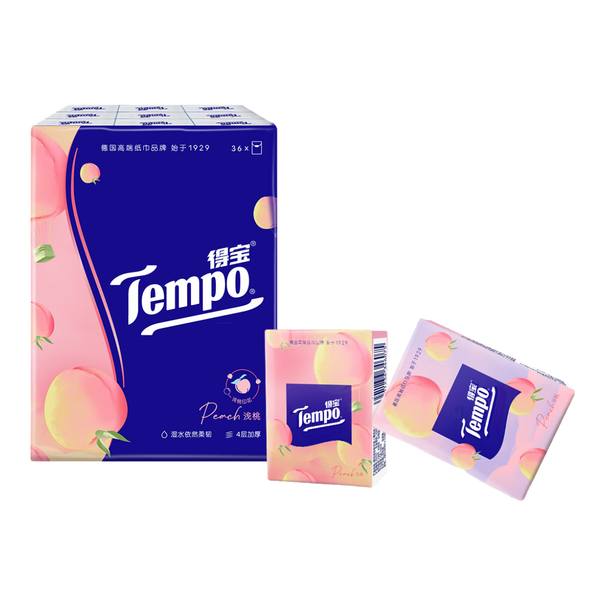 得寶（TEMPO）一博同款 手帕紙 甜心桃味7張*12包 印花款 4層濕水不破紙巾小包 