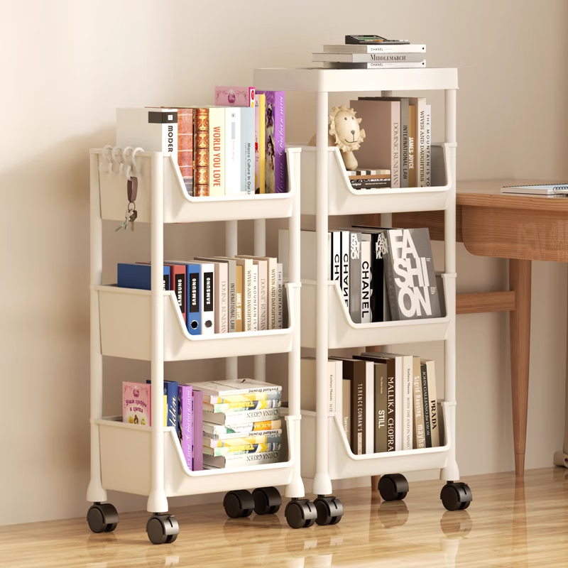 衣炫小推车置物架家用零食落地文件客厅收纳书包移动厨房果蔬菜篮架子 【升级款-米色】2层平顶（无轮） 稳定不晃