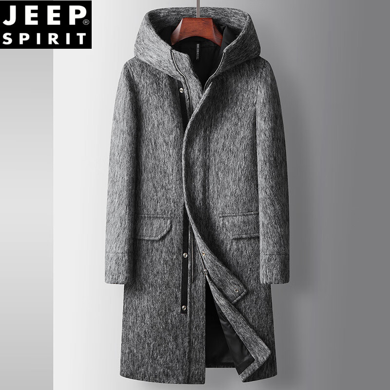 JEEP SPIRIT连帽羊毛呢大衣男中长款过膝2026秋冬新款男装宽松双面呢子风衣 浅灰色 M