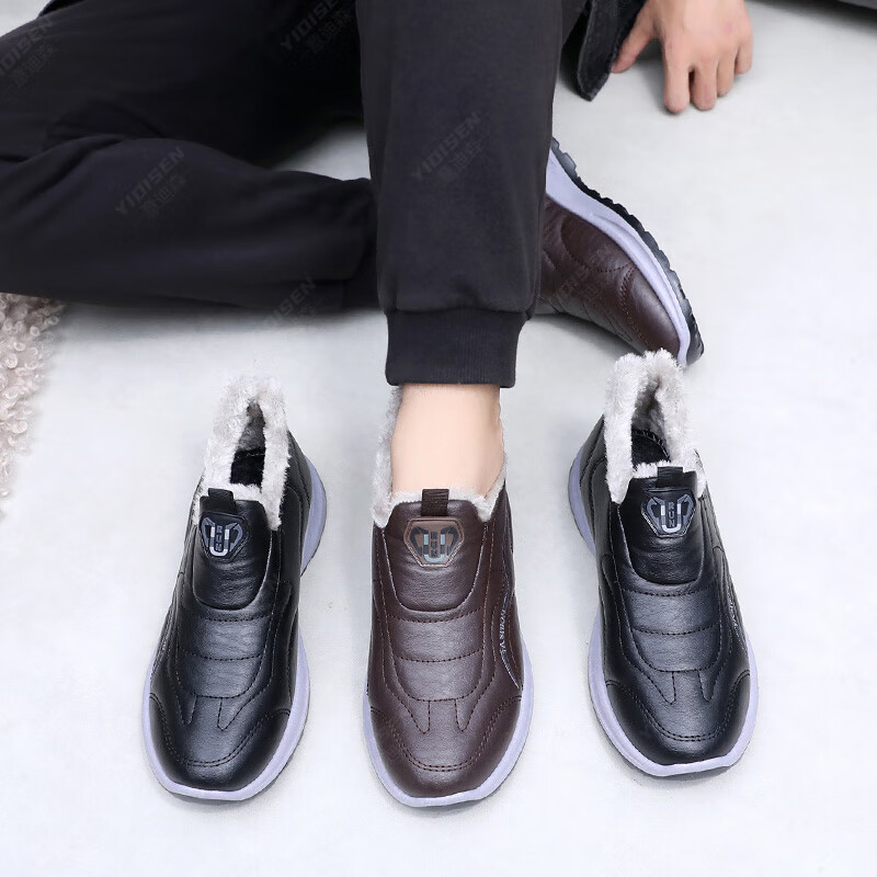 意迪森中老年棉靴冬季老北京棉鞋软底防滑新中式保暖加绒加厚男鞋一脚蹬 黑色 加绒 40 (250mm)