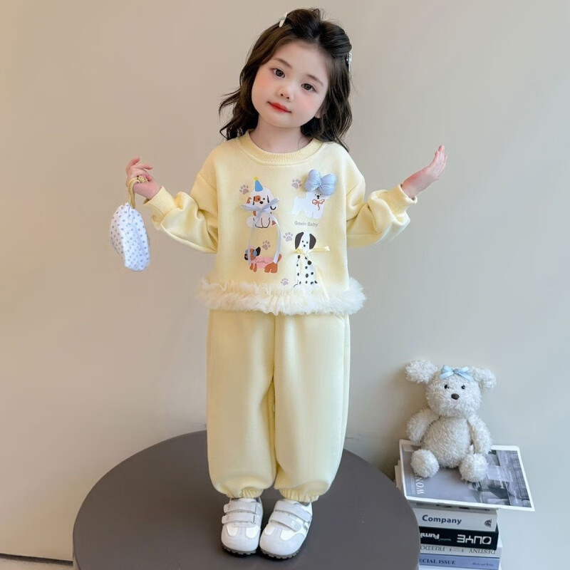 G.duck小黄鸭女童套装春秋25秋装新款洋气卡通宝宝卫衣儿童中小童两件套 黄色 套装 120 【建议身高110-120cm】