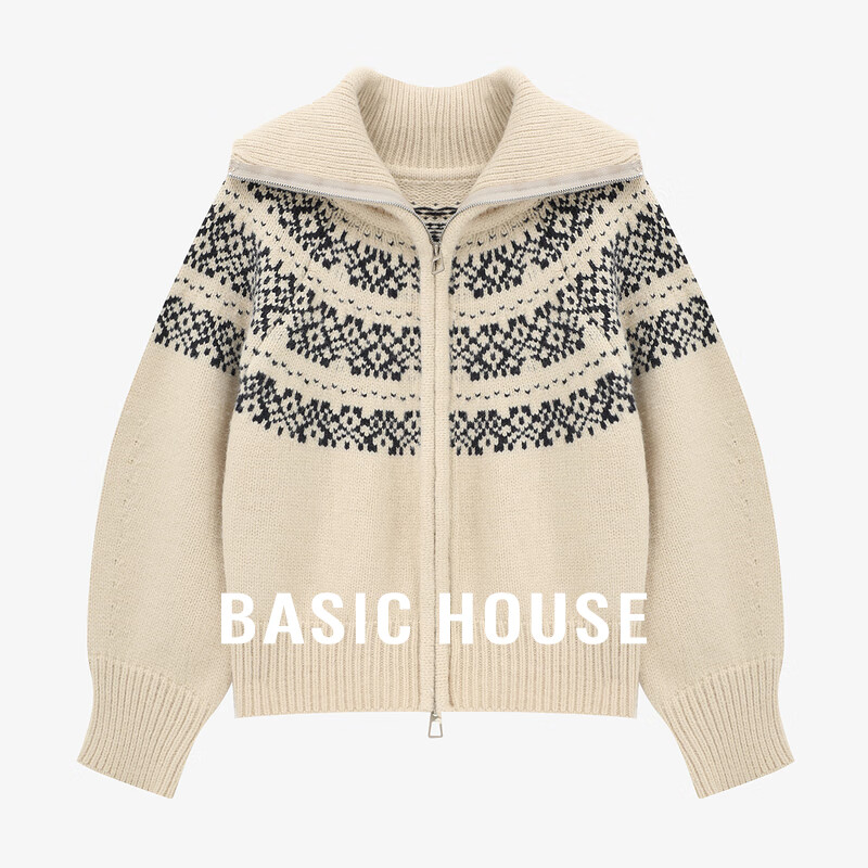 百家好（Basic House）Basic House/百家好费尔岛翻领双拉链毛衣女2025冬季新款宽松外套 杏色 M