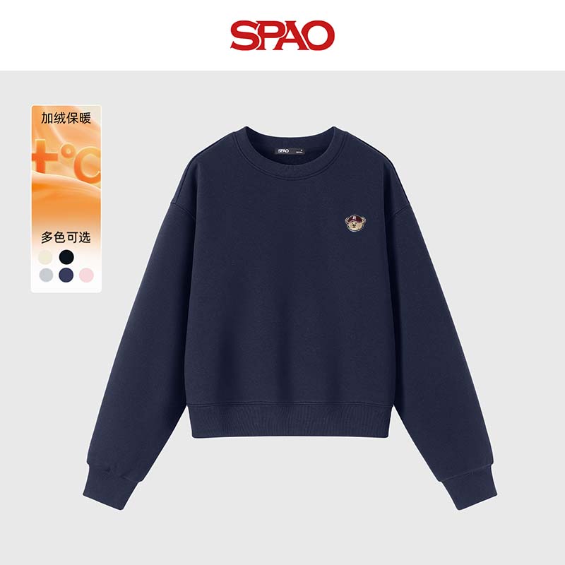 SPAO圆领短款加绒卫衣男女2025冬季新款加厚保暖内搭上衣SPWY25AW18XY 藏青#SP红帽子熊-贴布绣 M