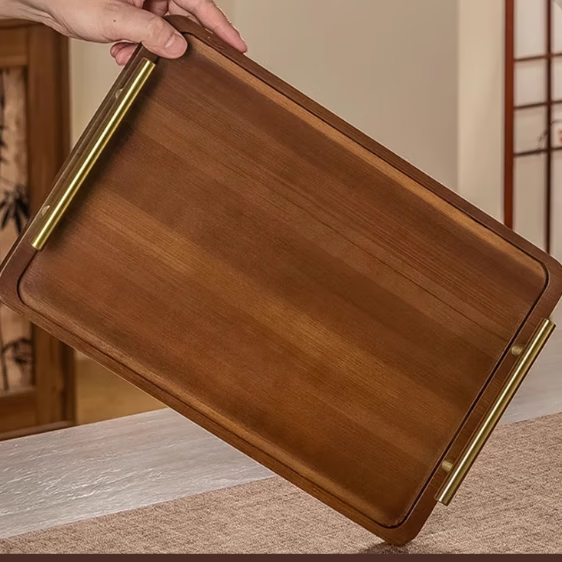 格娜斯（CRISTALGLASS）實(shí)木玻璃托盤(pán)小家用長(zhǎng)方形胡桃實(shí)木杯子收納水果客廳茶幾茶點(diǎn)心盤(pán) 銅木提手托盤(pán)