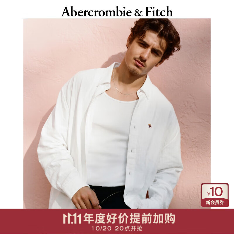 Abercrombie &amp; Fitch【牛津衬衫】经典小麋鹿图案男装25春夏美式长袖衬衫125-5083 白色 XL (180/116A)