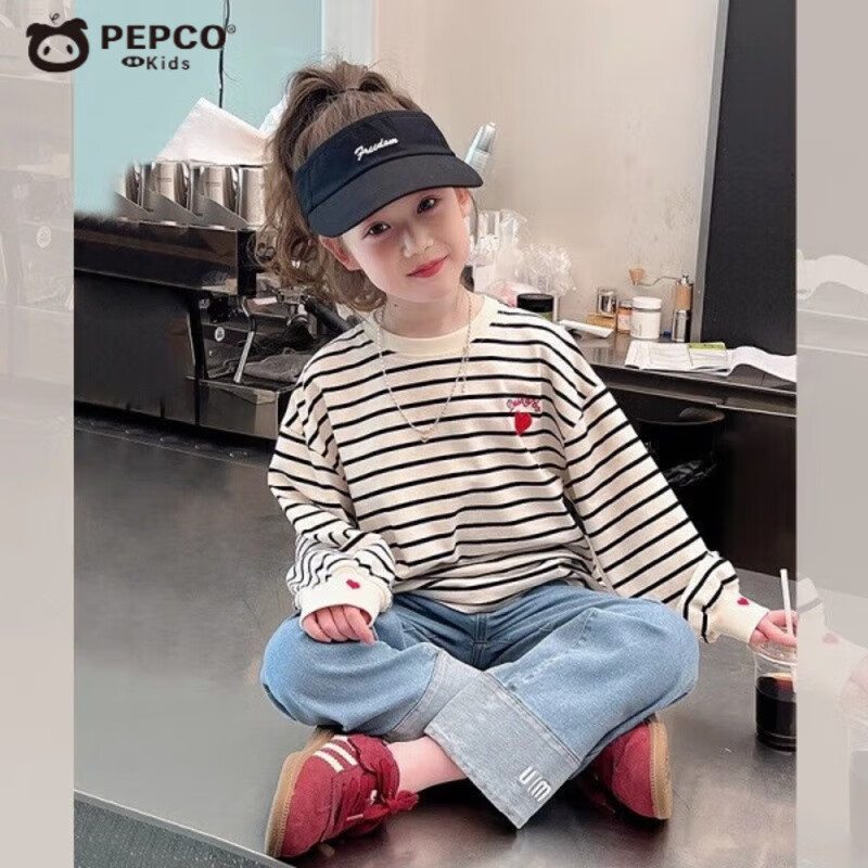 小猪班纳（PEPCO）女童卫衣秋季新款时尚韩版爱心绣花条纹打底衫中大童上衣儿童T恤 KS8黑白条爱心卫衣 170 (建议身高155-165cm)