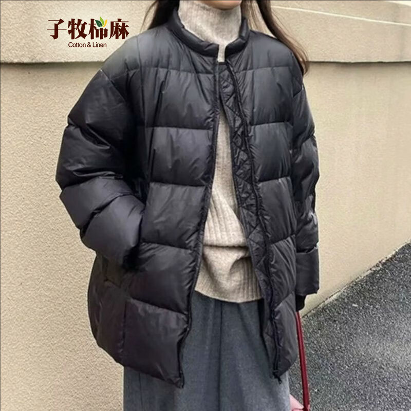 子牧棉麻2025冬装 女休闲宽松加厚保暖棉服外套百搭纯色棉衣开衫0503 黑色 L (建议115-125斤)