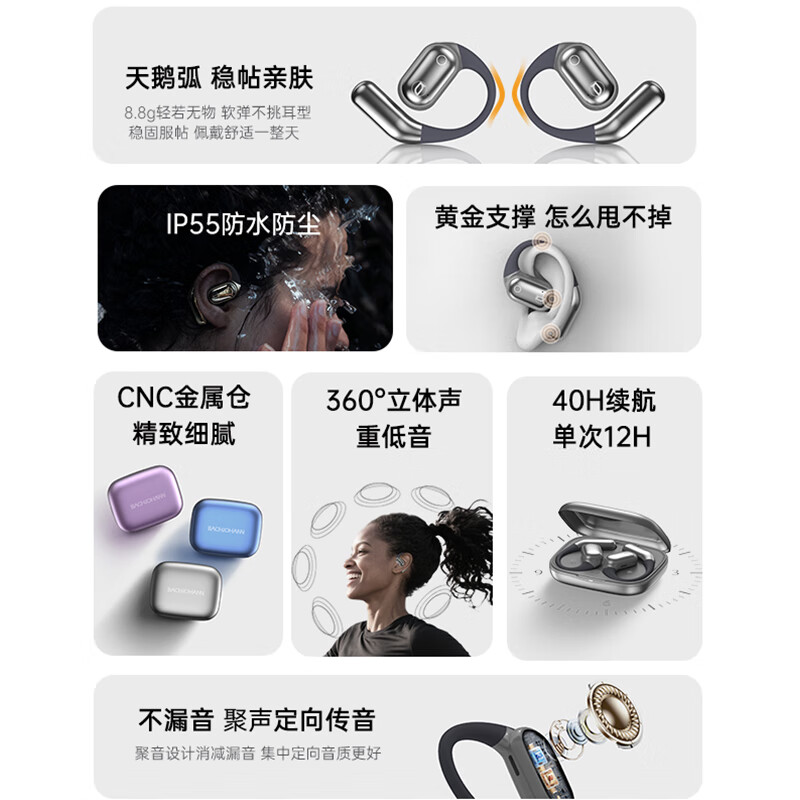 BACHJOHANN【2025新款 | 柏林之声】德国巴赫开放式蓝牙耳机通话降噪运动跑步挂耳式耳机适用华为苹果BACH01 香奈紫【2025新品升级|超长续航|云感佩戴】