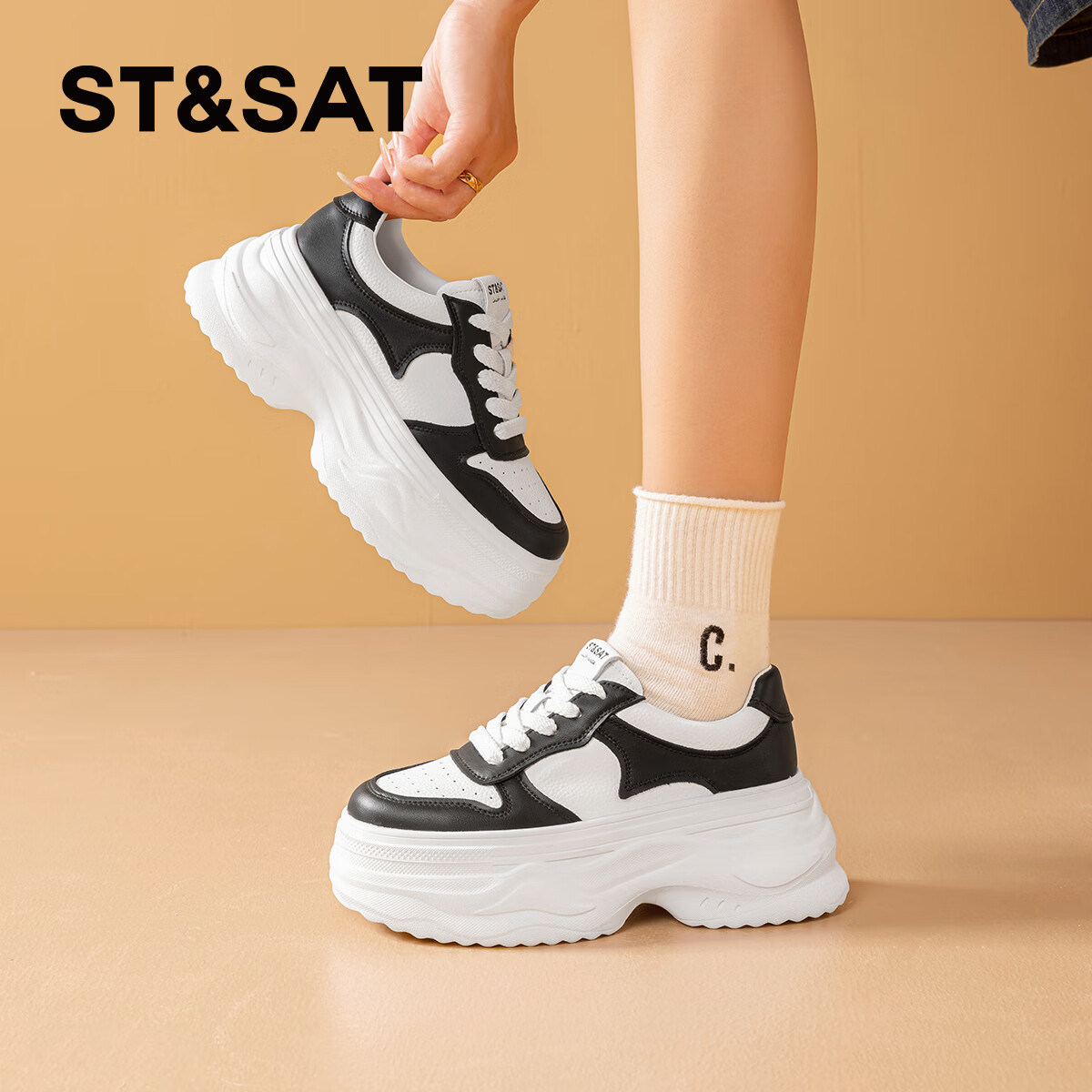 星期六厚底女鞋增高小白鞋2025秋季新款运动休闲板鞋配阔腿裤鞋子 黑色 35