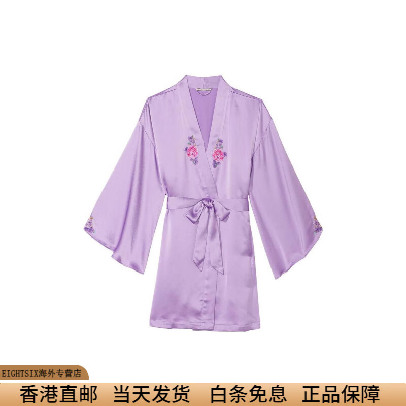 secret)花卉刺绣光滑垂顺系带宽松睡袍 女款 紫色 紫色 xs s