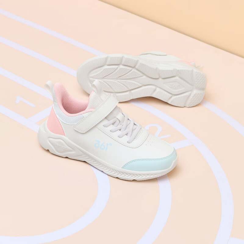 361°儿童运动鞋男童跑鞋秋冬密网轻便魔术贴女童皮革加绒保暖运动鞋 【皮革】羽毛白/甜心粉色/萌芽绿色 41