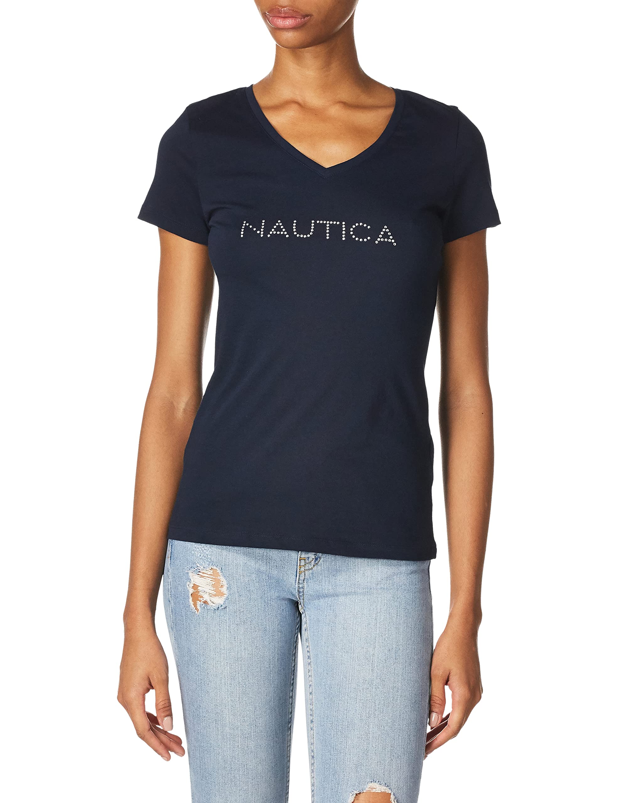 诺帝卡（NAUTICA） 女士经典短袖T恤 舒适纯棉 简约logo印花 休闲百搭上衣 海军蓝 Large