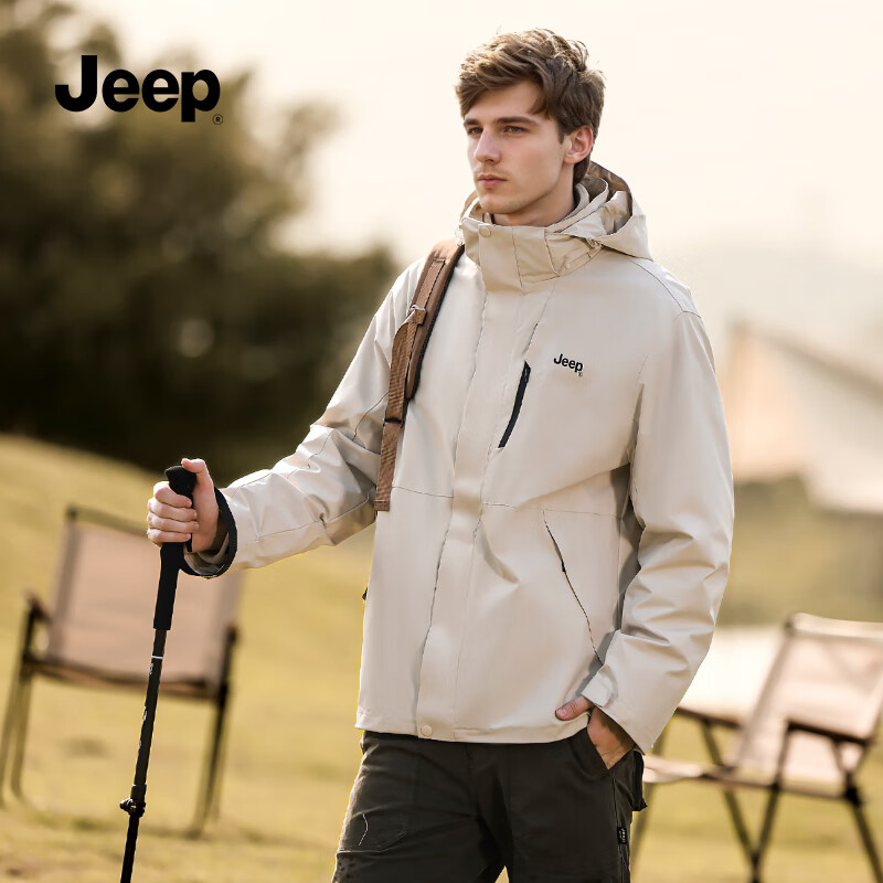 JEEP男装秋冬季2025新品男士户摇粒两件套外锋夹克上衣休闲连帽外套 084卡其【25年升级款】 XL