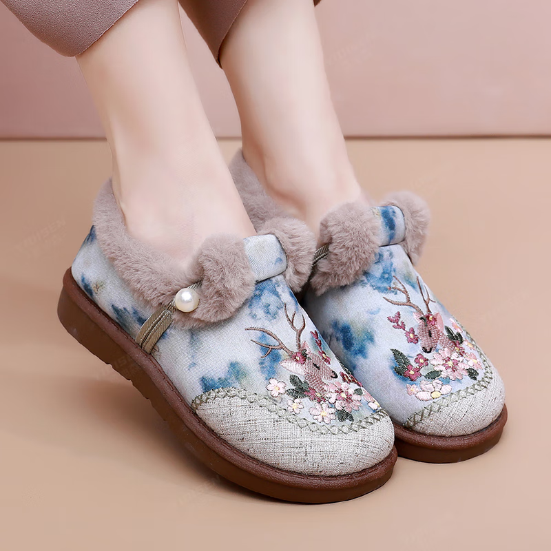 意迪森【一鹿生花】老北京布鞋加绒加厚保暖棉鞋女国风刺绣一脚蹬防滑底 灰色加绒 36 (230mm)