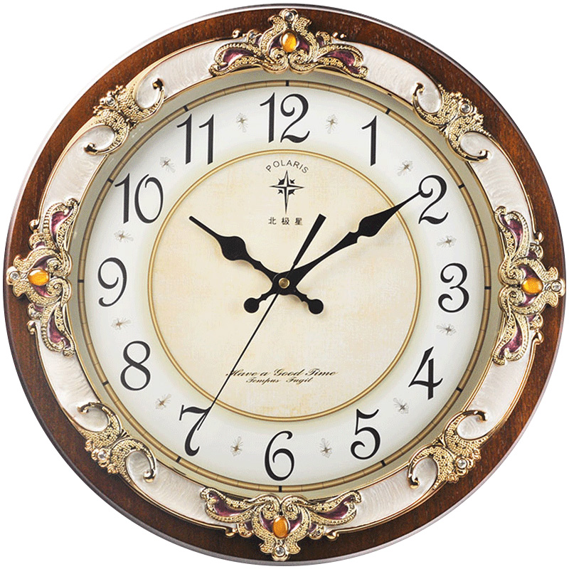 北极星（POLARIS）挂钟欧式客厅钟表创意木质石英钟仿古个性挂表田园办公室时钟 HD-6017木纹  16英寸