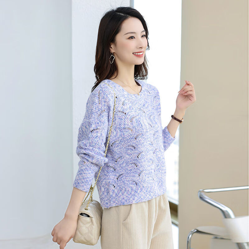秋冬新款女装毛衣时尚显瘦休闲风短款跨肩镂空上衣休闲风圆领针织衫