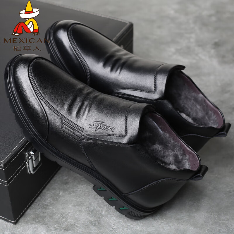 稻草人（MEXICAN）冬季男士棉鞋真皮羊毛加绒保暖加厚冬鞋中老年爸爸高帮防滑棉皮鞋 黑色 /套脚 36