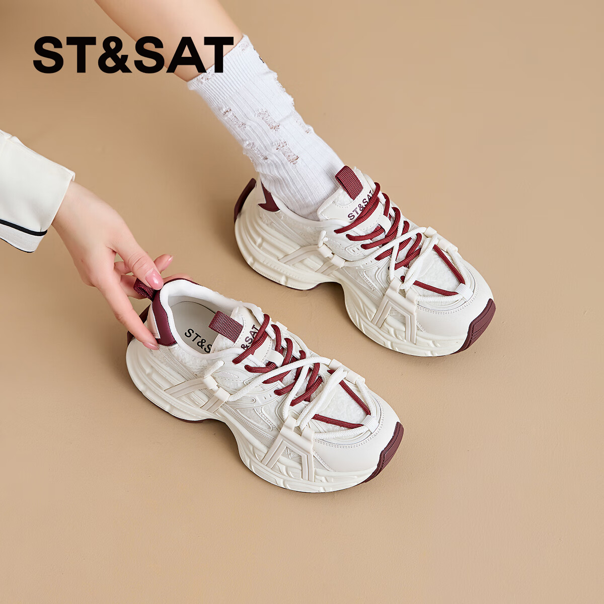 星期六（St&Sat）2025冬季新款复古拼色厚底老爹鞋百搭舒适休闲运动鞋跑步鞋子女鞋 米白色+红色 36
