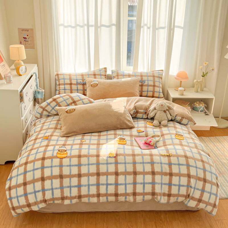 南极人（Nanjiren）可爱风卡通毛巾绣系列牛奶绒四件套 家用可机洗柔软裸睡套件 星星宝贝 床单款 1.2m三件套 150*200cm被套