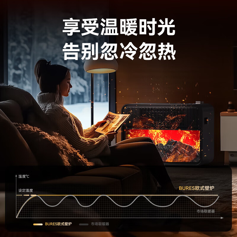 bures石墨烯取暖器暖风机电暖器大面积全屋速热升温神器电暖气壁炉客厅卧室热风机小太阳家用烤火炉 取暖加湿二合一 遥控款