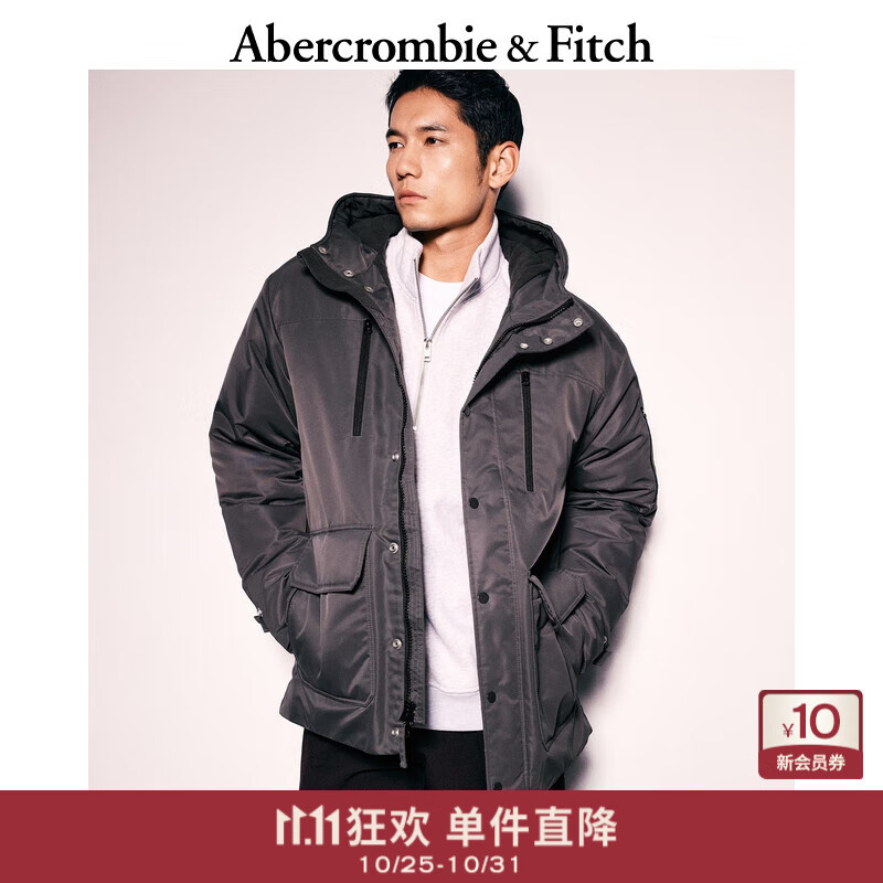 Abercrombie &amp; Fitch男装24秋冬美式工装派克抗风抗水加厚保暖连帽羽绒服132-4155 深灰色 L (180/108A)