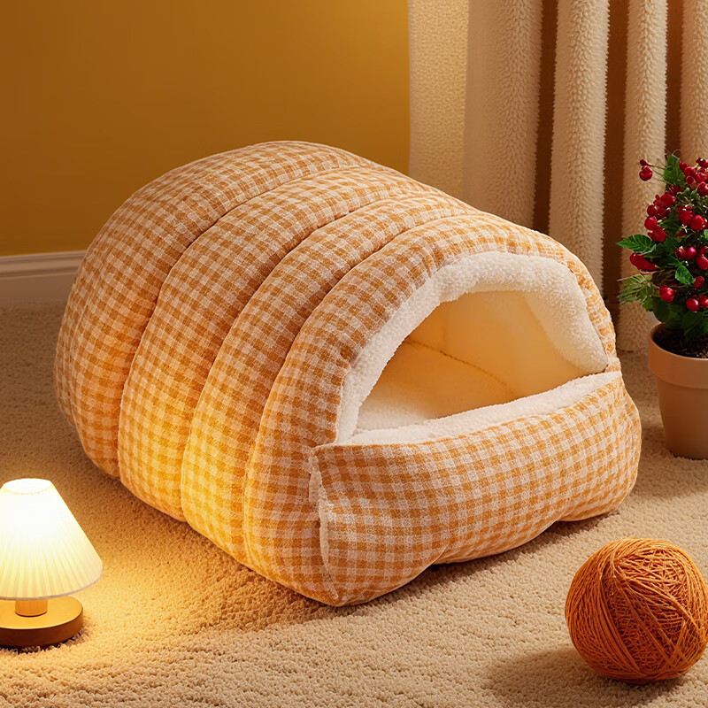 瓜洲牧猫窝四季通用冬季保暖宠物窝用品猫咪床半封闭式安全感窝睡窝 橙白格【睡袋猫窝】防风保暖 大号65*40*28