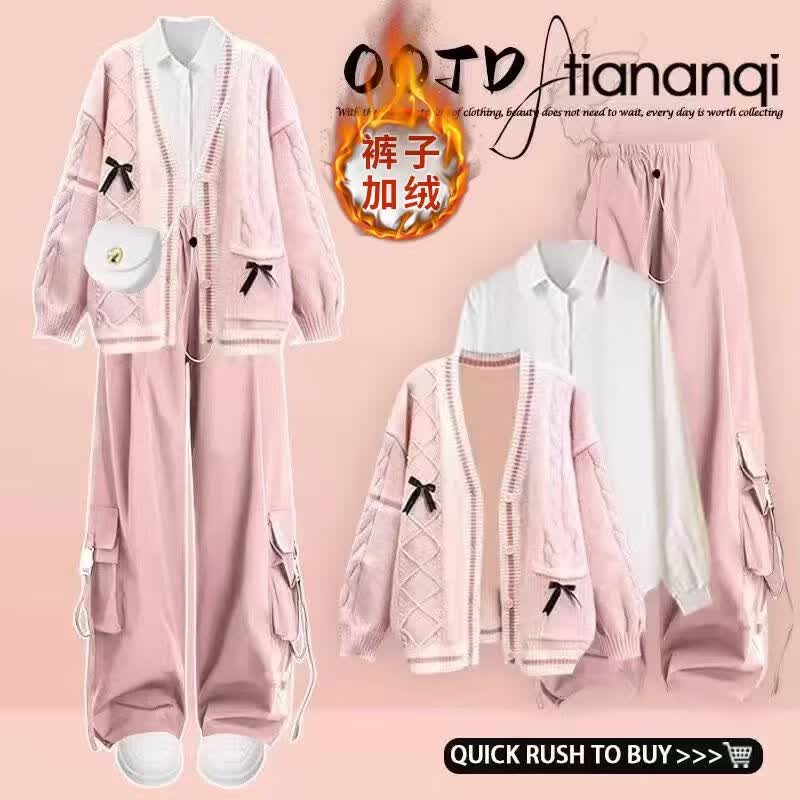欧颖慕女大童套装春季新款初高中生春装毛衣休闲裤三件套女孩衣服外套女 三件套 粉色毛衣+白衬衫+粉裤 155 （S）码【建议75-90斤】